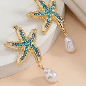 NEW! Pearl Pendant Blue Rhinestone Starfish Summer Beach Earrings